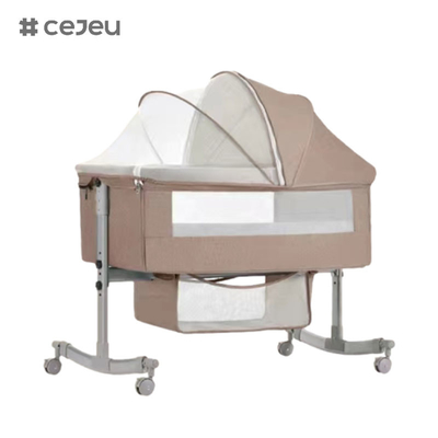 met wielen, kinderbed met matras, verstelbaar wieg, zijbed, met opslagmand, muggenvet, opvouwbaar draagbaar baby
