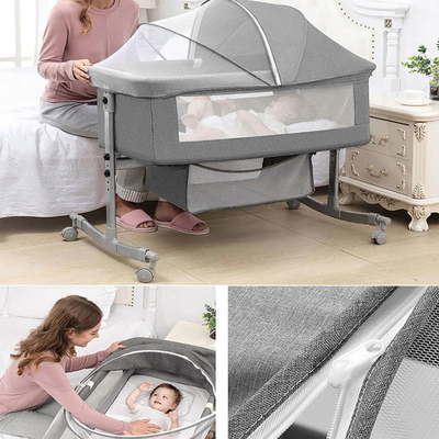 met wielen, kinderbed met matras, verstelbaar wieg, zijbed, met opslagmand, muggenvet, opvouwbaar draagbaar baby