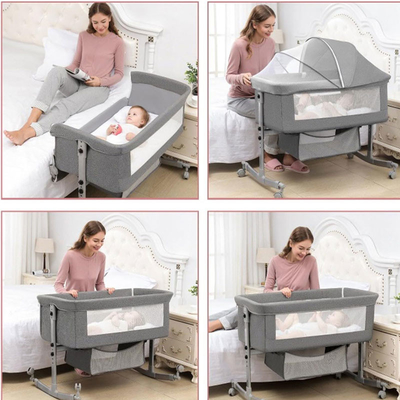 met wielen, kinderbed met matras, verstelbaar wieg, zijbed, met opslagmand, muggenvet, opvouwbaar draagbaar baby
